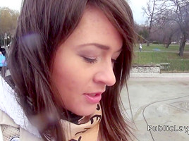 Hairy pussy Russian babe fucks in the car in public