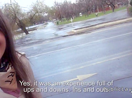 Hairy pussy Russian babe fucks in the car in public