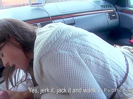 Hairy pussy Russian babe fucks in the car in public