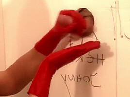 Handjob with red gloves