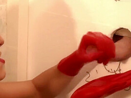 Handjob with red gloves