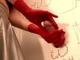 Handjob with red gloves