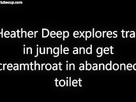 Heather Deep explores trail in jungle and get creamthroat in abandoned toilet