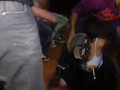 Hot brunette caned and fucked in public