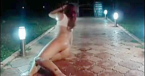 Hot girl bates outside at night