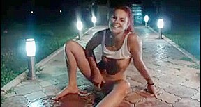 Hot girl bates outside at night