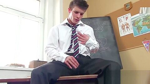 Hot twink Alexander Dorch masturbates in a headmaster office