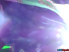 Lilac belt up petticoat of bus passenger