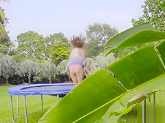 Massive tits babe bouncing on trampoline