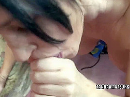 Mature swinger Melissa Swallows is blowing a lucky geek