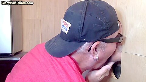 Mouthjizzed gaydaddy sucks gloryhole cock at his home