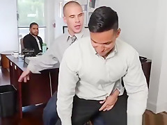 Muscled boss sucked and rimmed by employees