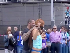 Naked ginger slave led through Madrid