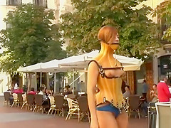Naked ginger slave led through Madrid