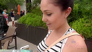 Naughty teen 18+ brunette is giving a great footjob to her new lover, in his hotel room