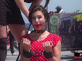 Public BDSM babe naked exposed outdoor by kinky femdom
