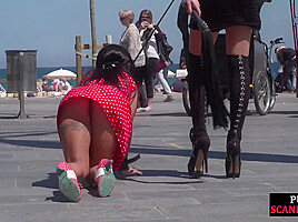 Public BDSM babe naked exposed outdoor by kinky femdom