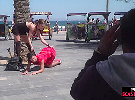 Public BDSM babe naked exposed outdoor by kinky femdom
