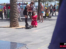 Public BDSM babe naked exposed outdoor by kinky femdom