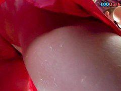 Public upskirts of the hot girl in the red a-line skirt