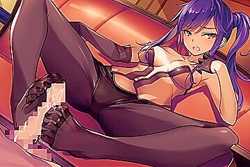 Purple-haired Anime Hottie In Pantyhose Giving A Hot Footjob