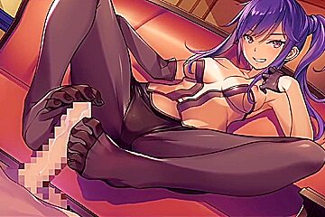 Purple-haired Anime Hottie In Pantyhose Giving A Hot Footjob