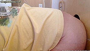 Real gloryhole DILF rimmed and fucked in sling by chubby gay