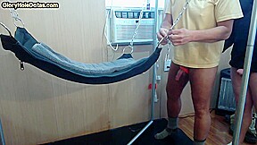 Real gloryhole DILF rimmed and fucked in sling by chubby gay