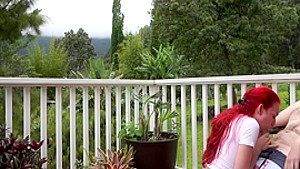 Redhead pornstar teasing outdoors