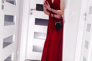 Seductive Lady In Red Satin Dress With Lady Red
