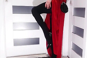 Seductive Lady In Red Satin Dress With Lady Red