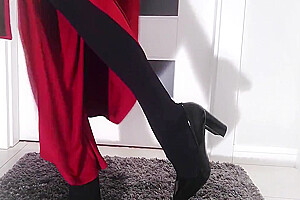 Seductive Lady In Red Satin Dress With Lady Red