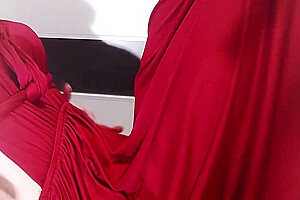 Seductive Lady In Red Satin Dress With Lady Red