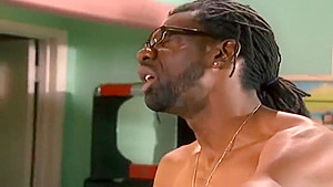 Seductive busty ebony harlot in interracial porn video