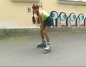 Sexy roller girl flashing