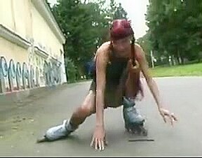 Sexy roller girl flashing