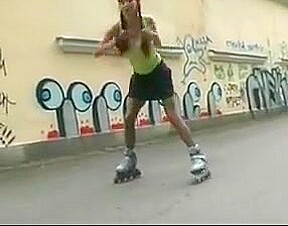 Sexy roller girl flashing