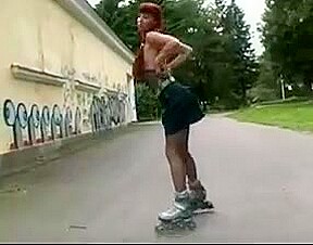 Sexy roller girl flashing
