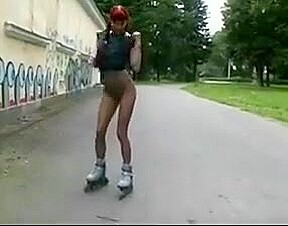 Sexy roller girl flashing