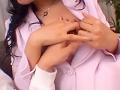 Shaved jap beaver getting wet as she plays with guys dick