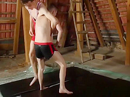 Skinny little twink barebacked by fat cock after wrestling