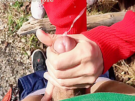 Skinny teen 18+ Masturbate Handjob My Horny Dick Outdoor In The Wood 7 Min