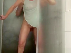 Skinny wife fucked in shower cabin