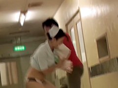 Slim legged bimbo in nurse uniform resisting sharking