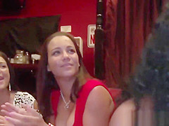 Slutty party babes share strippers cock