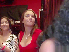 Slutty party babes share strippers cock