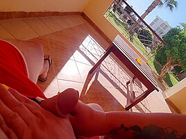 Stepmom Jerked Off Right On The Terrace And Was Awarded With A Creampie