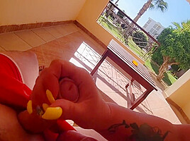 Stepmom Jerked Off Right On The Terrace And Was Awarded With A Creampie