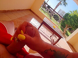 Stepmom Jerked Off Right On The Terrace And Was Awarded With A Creampie