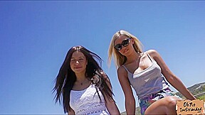 Stranded babes Ally and Angie fucked in a strangers car